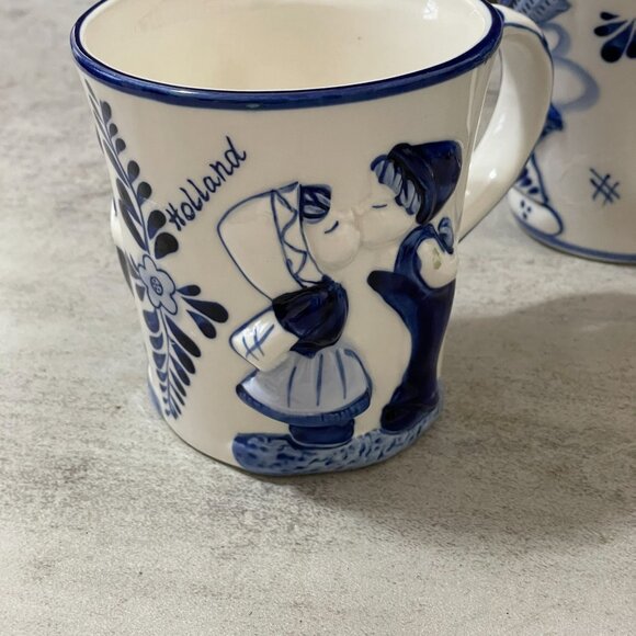 Vintage Blue Delft Deco Hand Painted Raised Relief Children Windmill Mugs Set/2 - Picture 6 of 10